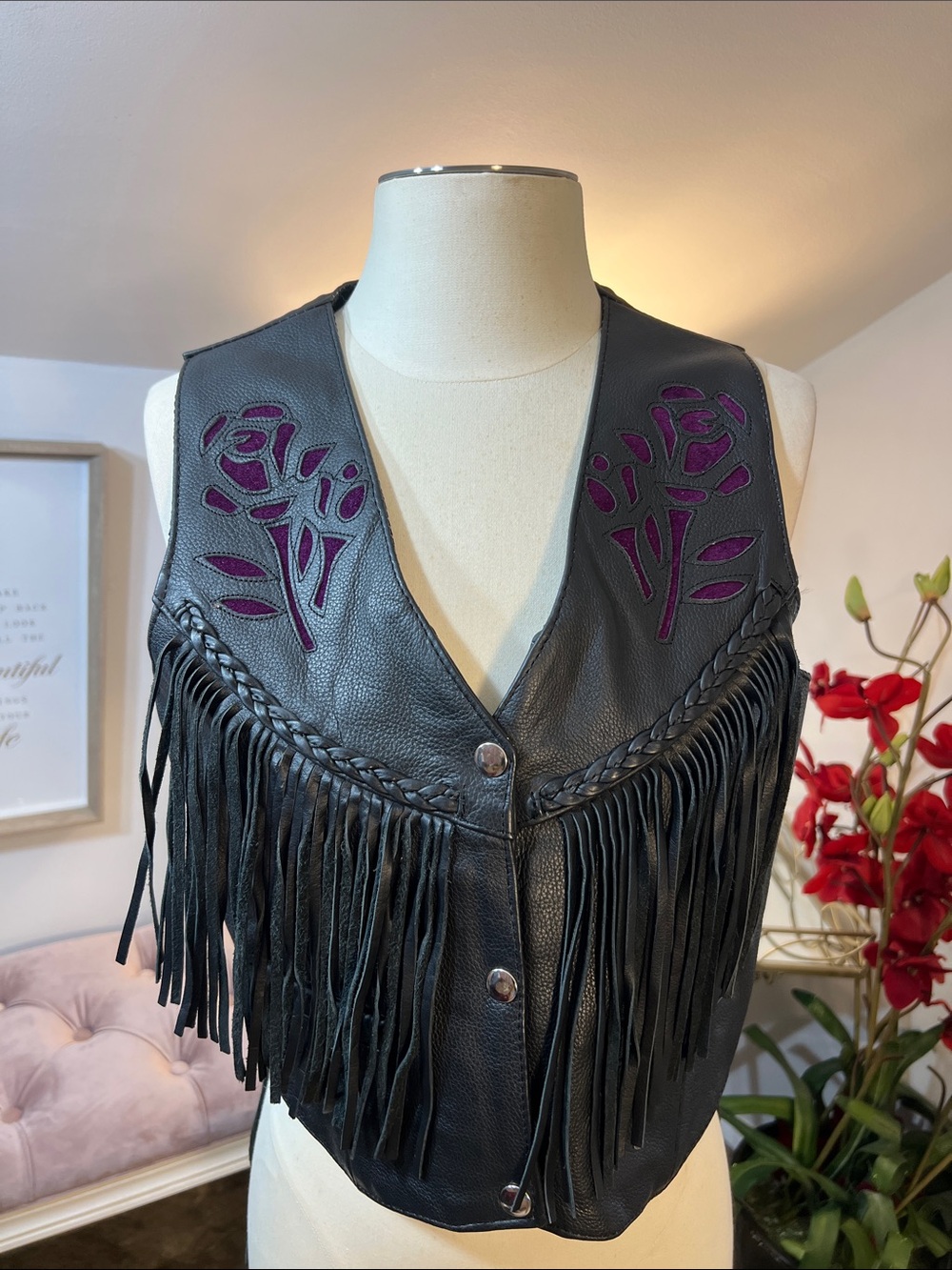 Vintage Unik Black Leather Fringe Vest with Purple Rose Cutouts Size Medium